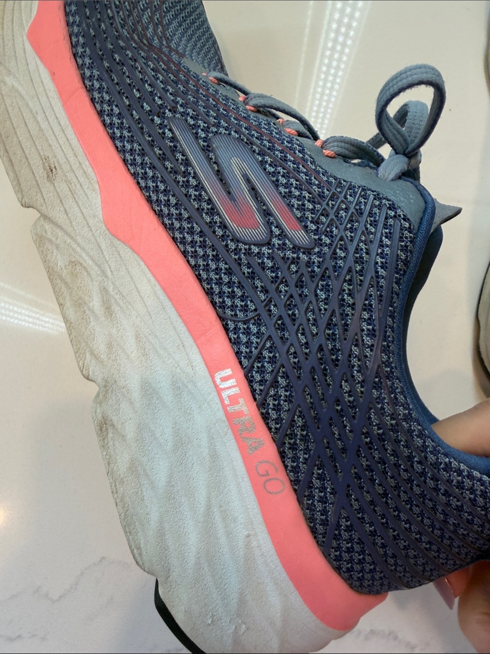 Skechers Women's Blue Knit Athletic Sneakers with Pink Midsole - Picture 8 of 17